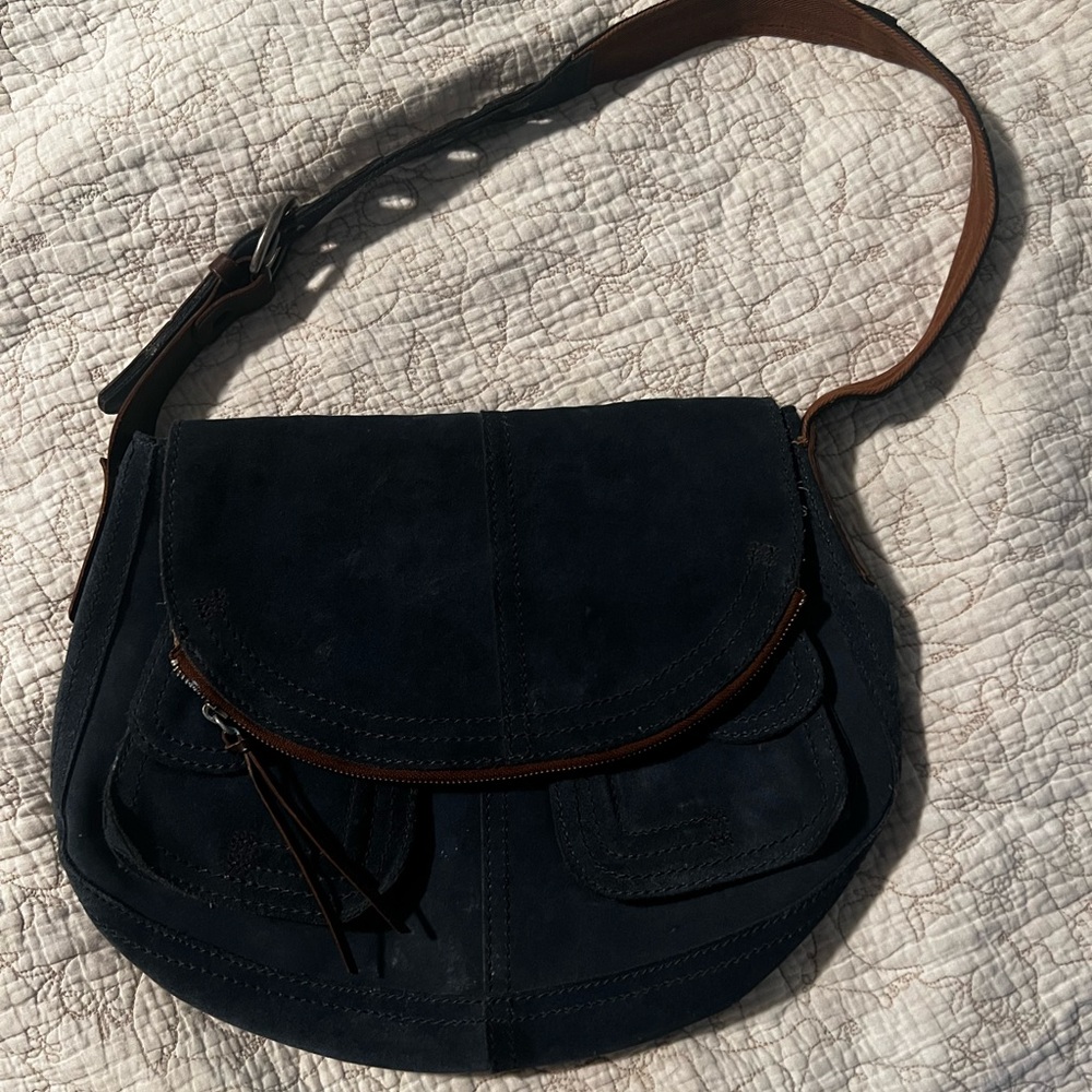 Lucky Brand Blue Suede Shoulder Bag with Brown Strap - Picture 13 of 14